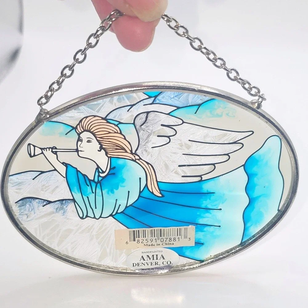 Amia Handpainted Glass Suncatcher Angel with Trumpet Blue Teal Oval Hanging Art